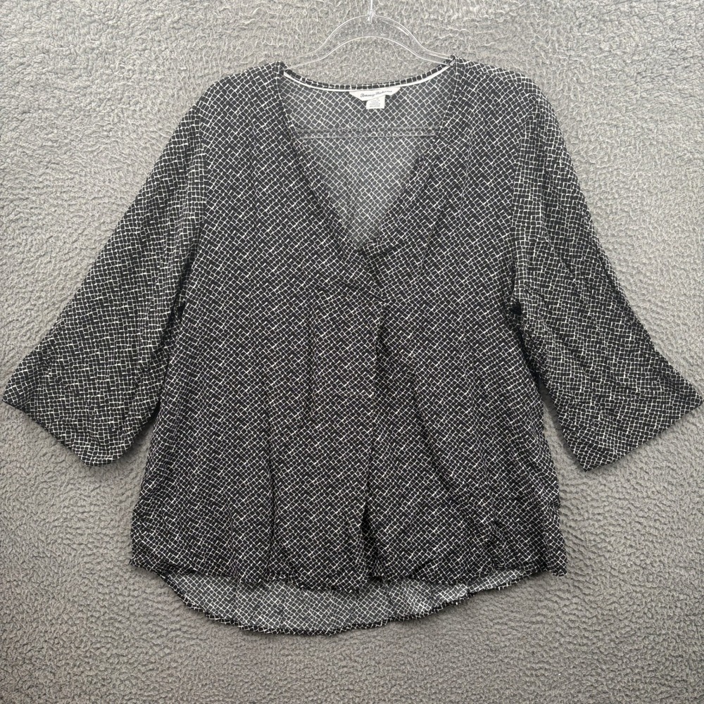 Tommy Bahama Blouse Women L Black White Geometric V-Neck 3/4 Sleeve Popover